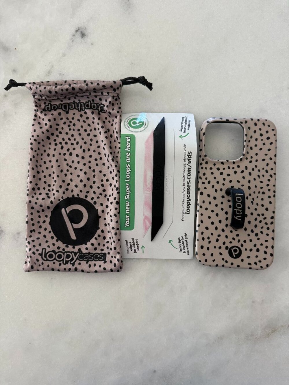 Mocha Dots Loopy Case iPhone 13 pro w/dust bag and extra loop